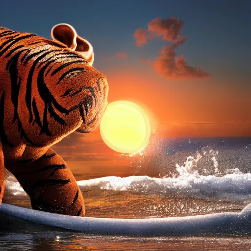 Image similar to a closeup photorealistic photograph of a cute smiling knitted tiger hippopotamus chasing a beachball at sunset. surf in the background. professional capture. this 4 k hd image is trending on artstation, featured on behance, well - rendered, extra crisp, features intricate detail, epic composition and the style of unreal engine.