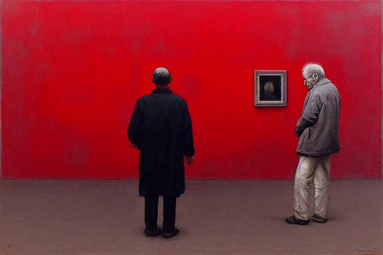 Image similar to only with red, a red old man try to sell a portrait, in a square, cheering crowd, in the style of beksinski, parts by edward hopper, parts by rodcenko, parts by yue minjun, intricate and epic composition, red by caravaggio, insanely quality, highly detailed, masterpiece, red light, artstation, 4 k