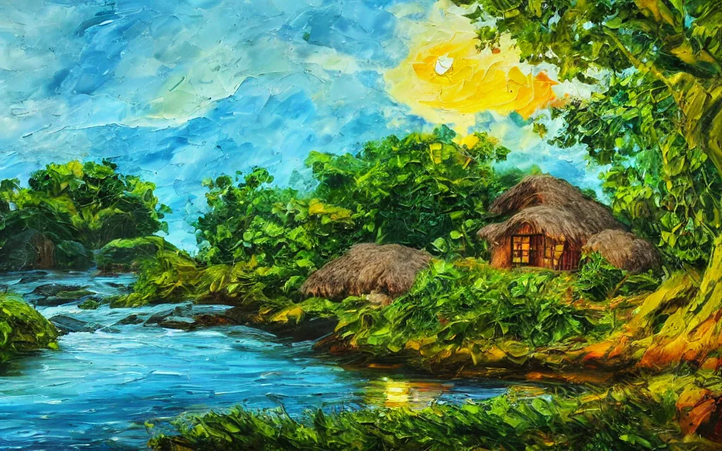 Prompt: a small island surrounded by water with a cozy cottage, with a garden courtyard, tropical forest, river, waterfall, sunset, puffy clouds, dramatic and dynamic lighting, thick brush strokes oil impasto painting