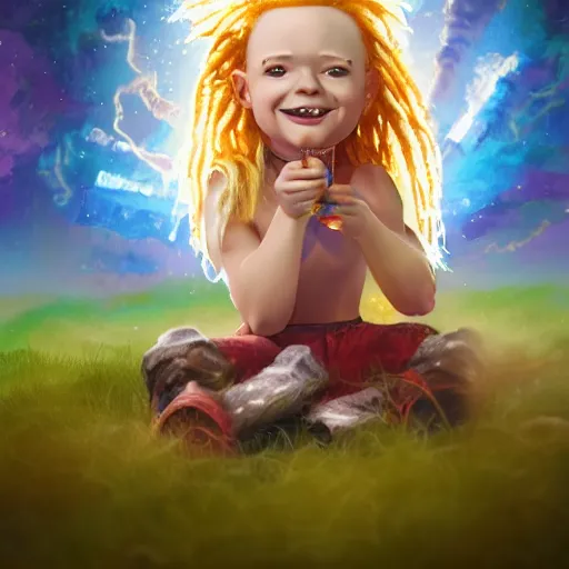 Prompt: An epic fantasy comic book style portrait painting of an adorable little albino girl with blonde dreads eating ice cream, smiling, sitting on top of a rainbow, atmospheric fantasy setting, unreal 5, DAZ, hyperrealistic, octane render, RPG portrait, ambient light, dynamic lighting