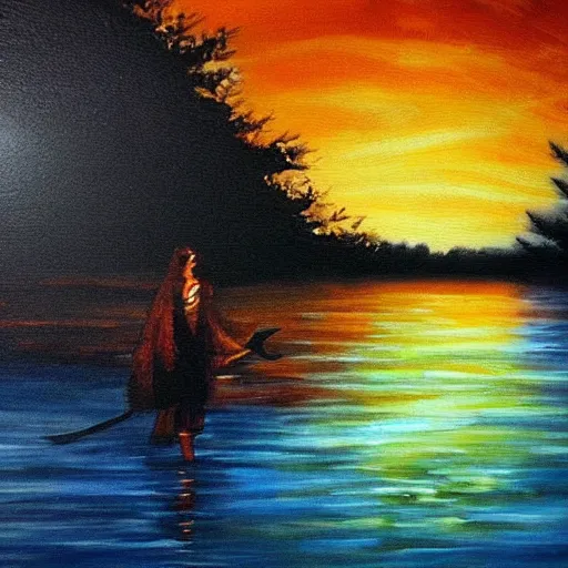 Image similar to meeting with the river spirit, night, beautiful painting