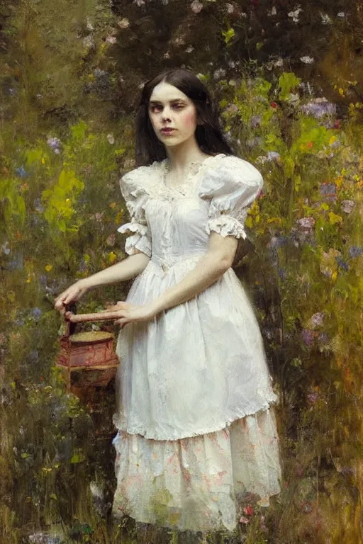 Image similar to Richard Schmid and Jeremy Lipking and Antonio Rotta full length portrait painting of a young beautiful traditonal alice from Alice in Wonderland