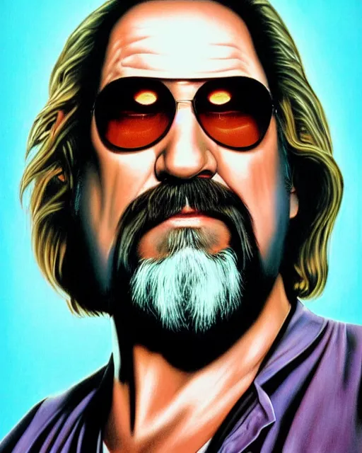 Prompt: the dude in the big lebowski, airbrush, drew struzan illustration art, key art, movie poster