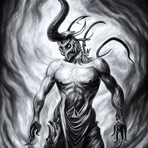 Prompt: full body grayscale drawing by Anato Finnstark of horned demon in heroic pose, swirling flames