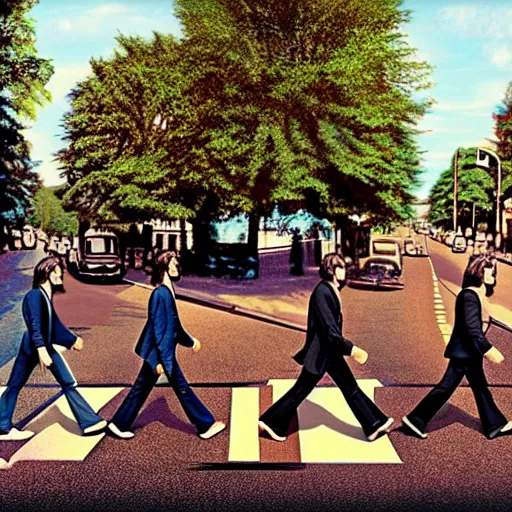 Image similar to beatles crossing abbey road at disneyland, hyper detailed, dramatic lighting, cgsociety, realistic, hyper detailed, insane details, intricate, dramatic lighting, hypermaximalist, golden ratio, rule of thirds, octane render, weta digital, micro details, ultra wide angle, artstation trending, 8 k,