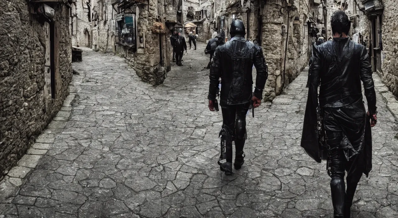 Image similar to a photo of a cyberpunk man walking in a medival village, the photo was taken from the ground looking up at the man's back, ultra high detail.