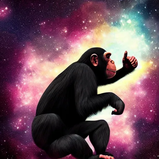 Image similar to a chimpanzee floating through outer space reaching out and touching nebula with it's finger, digital art, concept art, DeviantArt, art station illustration highly detailed artwork cinematic hyper realistic