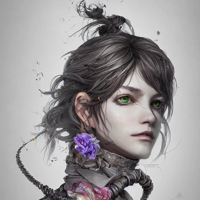 Image similar to the portrait of chaotic neutral female rogue as absurdly beautiful, gorgeous, elegant, innocent young woman, an ultrafine hyperdetailed illustration by kim jung gi, irakli nadar, intricate linework, bright colors, octopath traveler, final fantasy, unreal engine 5 highly rendered, global illumination, radiant light, detailed and intricate environment