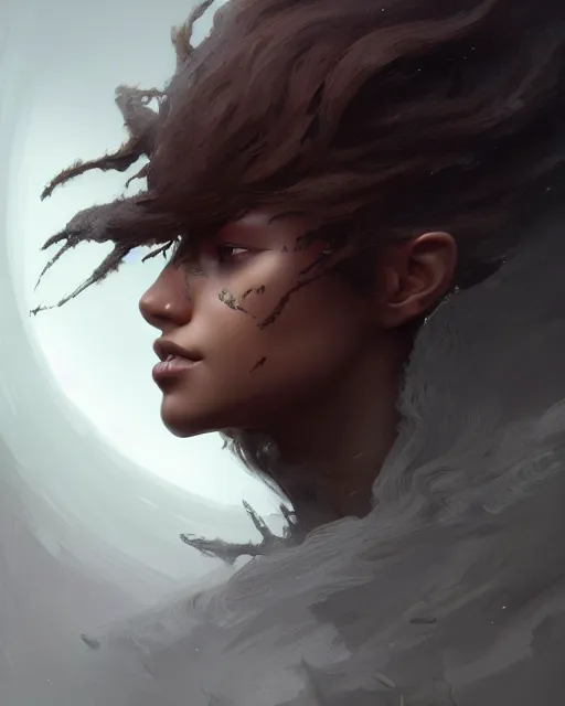 Image similar to fantasy portrait of half head of a dark angel, caramel. rugged, highly detailed, moist foggy, intricate background, complex 3 d render by ilya kuvshinov, peter mohrbacher. unreal engine, blender, octane, ray tracing. sharp focus, masterpiece, post processing, deviantart