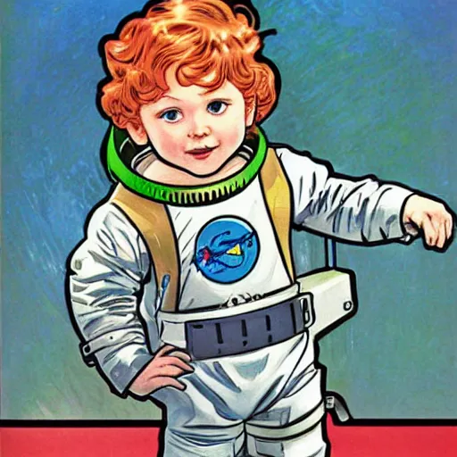 Image similar to a cute little boy with a mischievous face and short ginger hair. he is dressed as an astronaut. well composed, clean elegant painting, beautiful detailed face. comic book art by steve ditko and jack kirby and ( alphonse mucha )