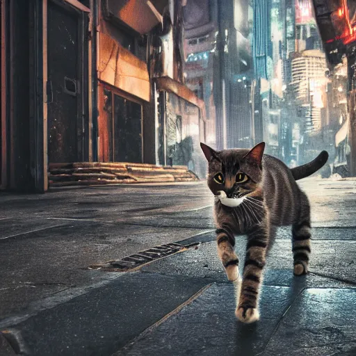Image similar to photo of a cat walking through a dystopian futuristic cyberpunk city, highly detailed, high quality, HD, 4k, 8k, Canon 300mm, professional photographer, 40mp, lifelike, top-rated, award winning