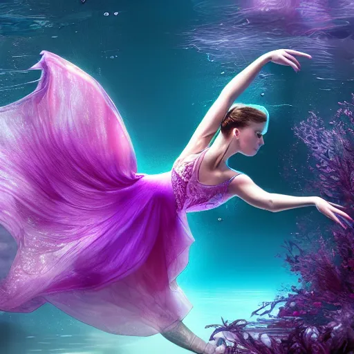 Image similar to a beautiful hyperdetailed rendering of a beautiful underwater ballerina lyrical dancer with flowy dress like a beta fish fins, weightless, flowy, deep color, fine bubbles, cryengine, 8 k, extreme detail, realism, realistic, surrealist