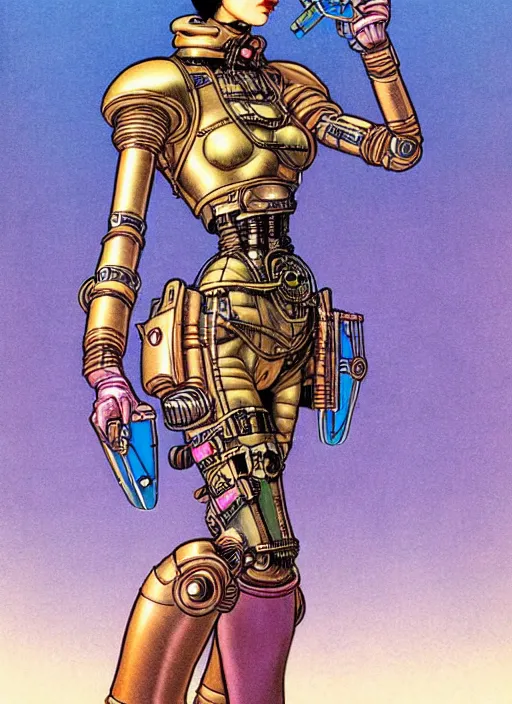 Prompt: image of beautyful female android steampunk by moebius,