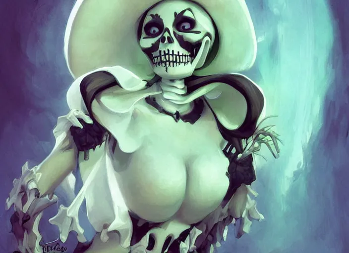 Image similar to cute & beautiful smiling mexican undead skeleton girl dressed as a vert attractive nun looking at the viewer, elegant, digital art, fantasy, pixar style, painting, pin up, highly detailed, artstation, art by artgerm, vrubel, boris vallejo and ilya kuvshinov