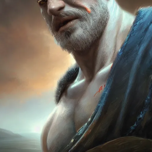 Image similar to kratos closeup portrait, dramatic light, lake background, 2 0 0 mm focal length, painted by stanley lau, painted by greg rutkowski, painted by stanley artgerm, digital art, trending on artstation