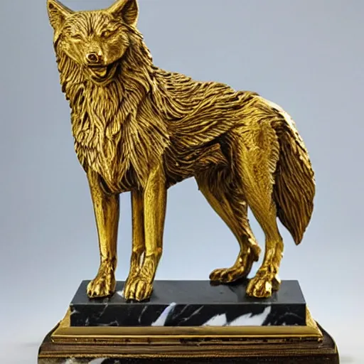 Image similar to gorgeous wolf statue with gold filigree, carved marble
