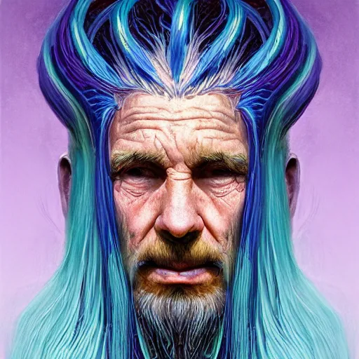 Prompt: Old man with braided neon blue hair, twisted braid, dyed hair, gorgeous, amazing, elegant, intricate, highly detailed, digital painting, artstation, concept art, sharp focus, illustration, art by Zdzislaw Beksinski