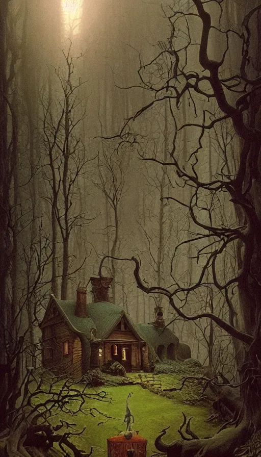 Image similar to witch cottage rococo in the woods moody lighting, highly detailed, painting by zdzisław beksinski and norman rockwell and greg rutkowskiweta studio, and lucasfilm