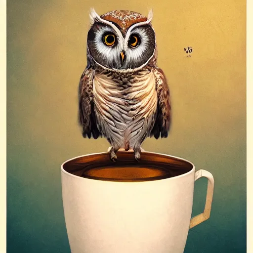Prompt: long shot of a very cute owl chick sitting in a very beautiful cup, by esao andrews, by james jean, marc simonetti, by victo ngai, humorous illustration, hyperrealistic, big depth of field, fresh colors, dim light, 3 d octane render conceptart, 4 k, hyperdetailed, trending on artstation