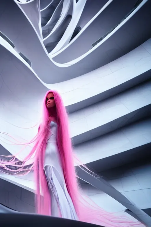 Image similar to a futuristic scene with an long pink haired beautiful thin woman in a white flowing futuristic dress, in front of a zaha hadid building, cinematic matte painting, extreme detail photo quality, dark moody colors, featured on behance