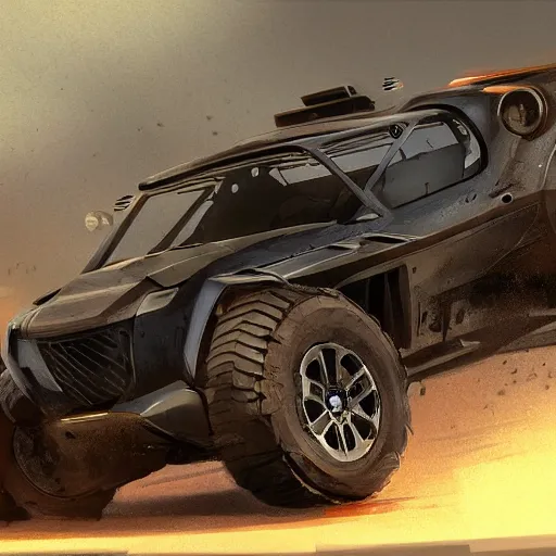 Prompt: redesign a off-road car, elegant, digital painting, concept art, smooth, sharp focus, art style from Wang Ke and Greg Rutkowski and Bruce Kaiser and Scott Robertson and Dmitry Mazurkevich and Doruk Erdem and Jon Sibal, small style cue from Blade Runner and Minority Report and iRobots