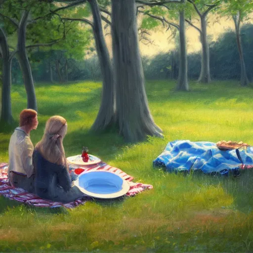 Image similar to a picnic with no people, oil painting, pale colors, high detail, 8 k, wide angle, trending on artstation,