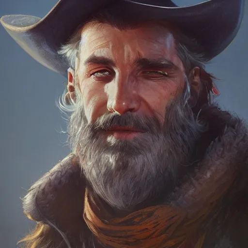 Image similar to rugged bearded cowboy, painted fantasy character portrait, headshot, fantasy, highly detailed, digital painting, artstation, concept art, sharp focus, illustration, art by artgerm and greg rutkowski and alphonse mucha