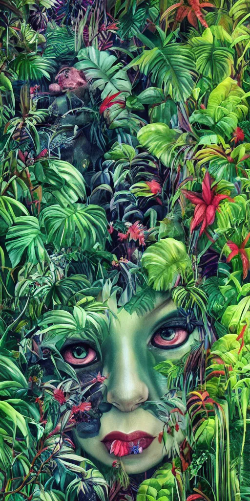 Image similar to deep in the jungle with exotic plant life, colorful tropical plants, natural botanical gardens, vines along the jungle floor, a panthers eyes staring at the camera, acrylic painting by hannah yata, artstation, concept art, award winning,