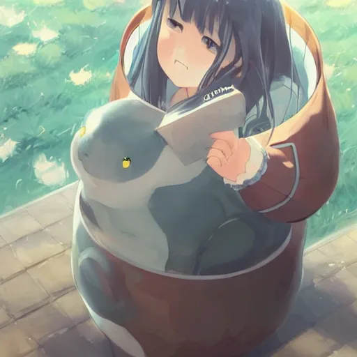 Image similar to a beautiful adorable thick big creature sitting in a jar, by makoto shinkai an krenz cushart