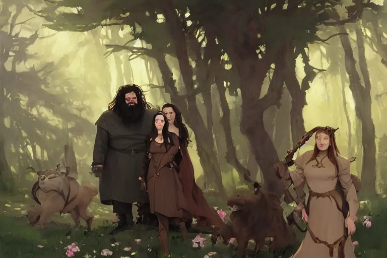 Image similar to hagrid the viking and gothic medieval morticia addams walking in enchanted forest in a sunny day, jodhpurs greg manchess painting by sargent and leyendecker, studio ghibli fantasy medium shot asymmetrical intricate elegant matte painting illustration hearthstone, by greg rutkowski by greg tocchini by james gilleard