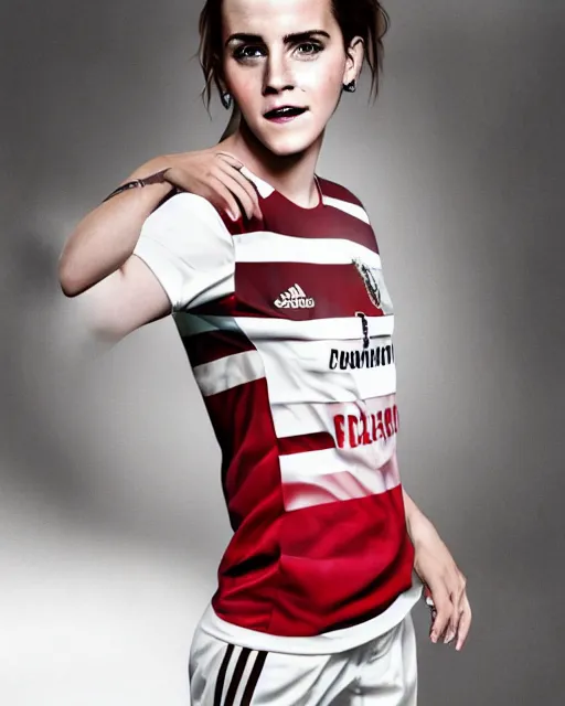 Image similar to a portrait of emma watson wearing lokomotiv football shirt, hyper realistic