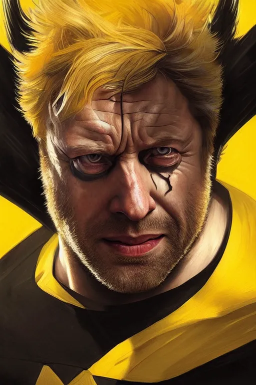 Image similar to Boris Johnson as Wolverine, portrait, yellow X man costume, highly detailed, digital painting, artstation, concept art, smooth, sharp focus, illustration, cinematic lighting, art by artgerm and greg rutkowski and alphonse mucha