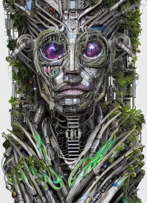 Image similar to a hyper - detailed fine painting of a synthetic humanoid cyborg hybrid half cybernetic and half made of plants and wood, concept art magical highlight, full color tribal and technologic art, variations and fulcolor futuristic