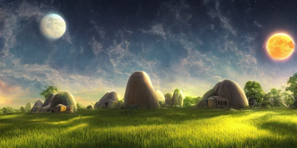 Image similar to digital art, trending on artstation, the sky of an alternate earth with 3 suns and a moon, with a large green meadow, baobab trees and uninhabited alien houses.