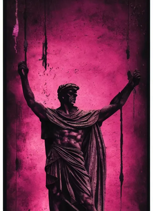 Image similar to elegant dark design poster showing a statue of julius caesar, black background with very subtle red and purple design elements, powerful, nekro, vito acconci, thin straight purple lines, dark, glitch art, neo vaporwave, gritty, layout frame, square, trending on artstation