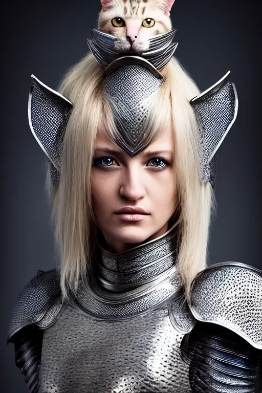 Image similar to female knight wearing a real cat on her head, armor designed by wayne barlowe, swarovski and tiffany, blonde hair, symmetry, sci - fi, cinematic, elegant, luxury, perfect light, perfect composition, dlsr photography, sharp focus, dark fantasy, 8 k, ultra hd, sense of awe, highly detailed, realistic, intricate