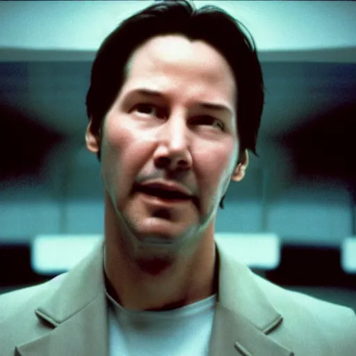 Image similar to beautiful hyperrealism three point perspective film still of Keanu Reeves having face hugger breakthrough surgery in medical bay in Aliens(1988) extreme closeup portrait in style of 1990s frontiers in translucent porclein miniature street photography seinen manga fashion edition, miniature porcelain model, focus on face, eye contact, tilt shift style scene background, soft lighting, Kodak Portra 400, cinematic style, telephoto by Emmanuel Lubezki