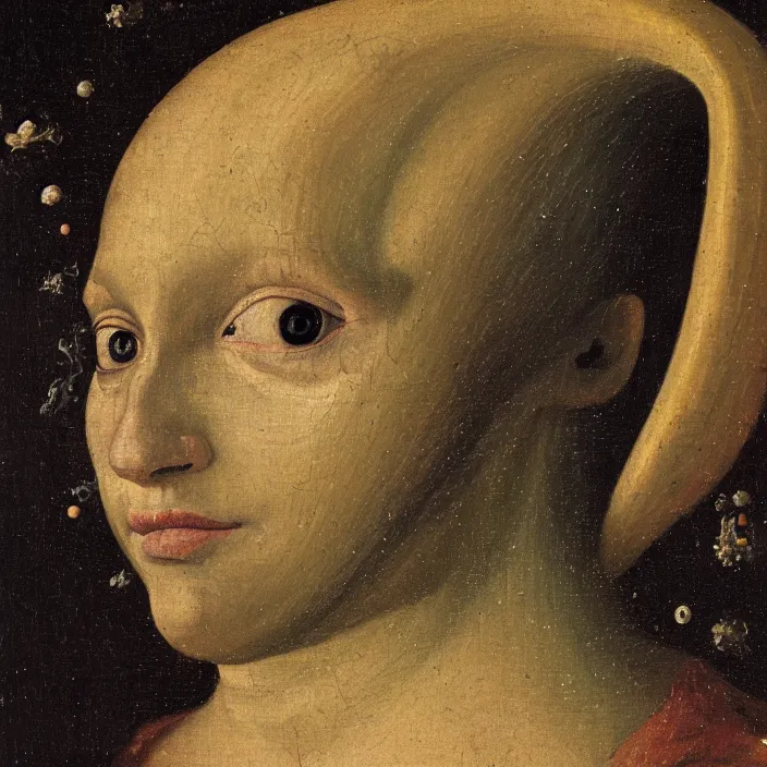 Image similar to a closeup portrait of an eel - headed woman, head of an eel, in a nebula, early netherlandish painting