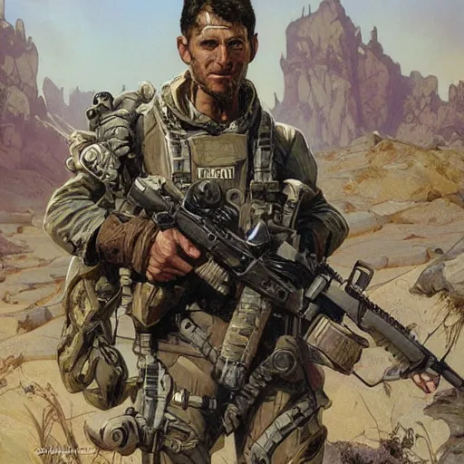 Image similar to Vernon. USN special forces recon operator in near future gear, cybernetic enhancement, on patrol in the Australian neutral zone, Barren landscape. 2087. Concept art by James Gurney and Alphonso Mucha