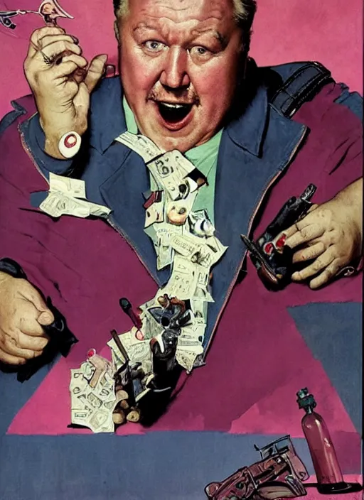 Prompt: ray winstone as a chubby supervillain wearing a pink trench coat, by norman rockwell and jason fabok and tom lovell and frank schoonover and dean cornwell