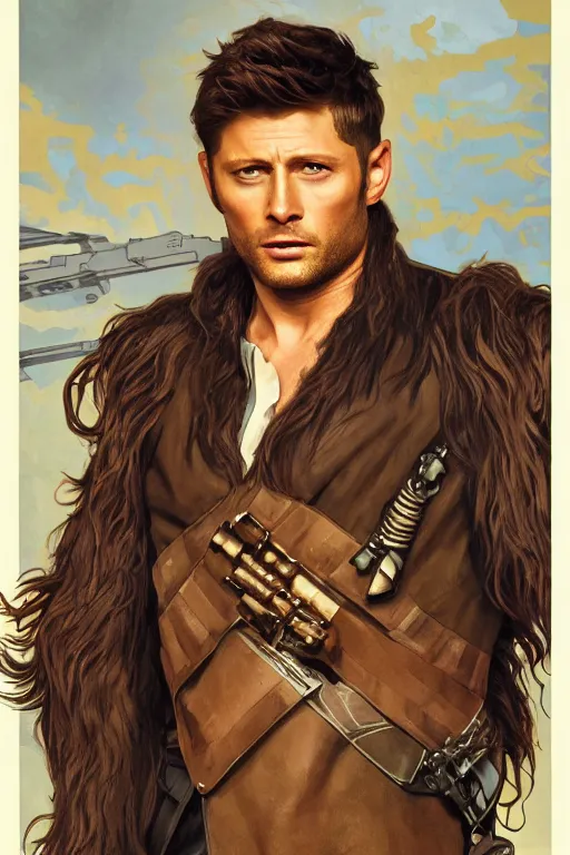 Prompt: a detailed matte portrait of an jensen ackles dressed as has solo and misha collins as chewbacca, masterpiece, 8 k, art by alphonse mucha and greg rutkowski