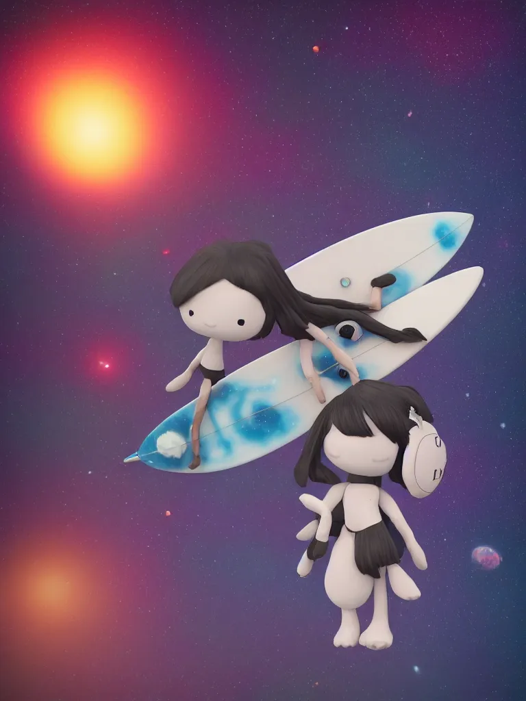 Image similar to cute fumo plush gothic maiden alien girl riding on a surfboard in the dark galactic abyss, hearts, vignette, vray