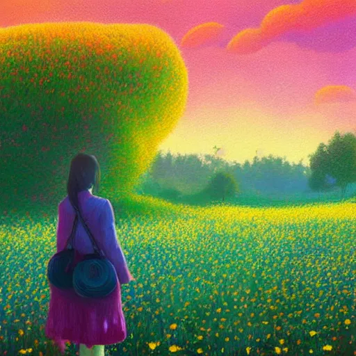 Image similar to girl with giant flower as a face, flower field, big trees, sunrise dramatic light, impressionist painting, colorful clouds, digital painting, pointillism, artstation, simon stalenhag