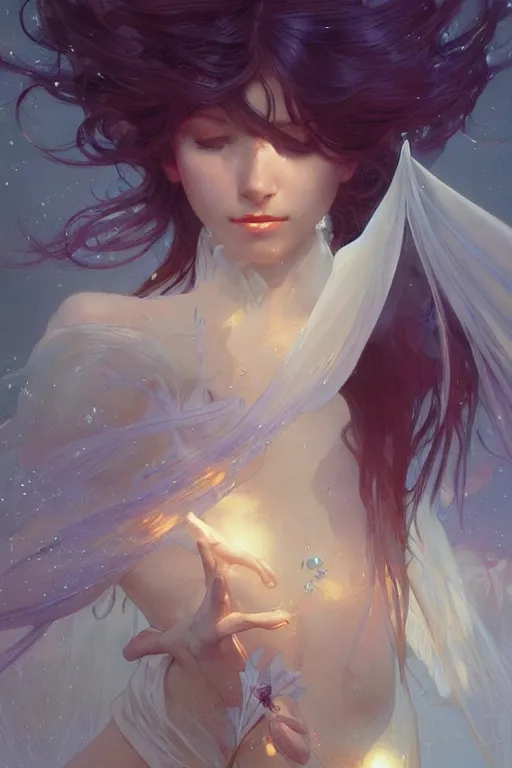 Image similar to perfect blue, dreamy and ethereal,, fantasy, intricate, elegant, highly detailed, digital painting, artstation, concept art, smooth, sharp focus, illustration, art by artgerm and greg rutkowski and alphonse mucha