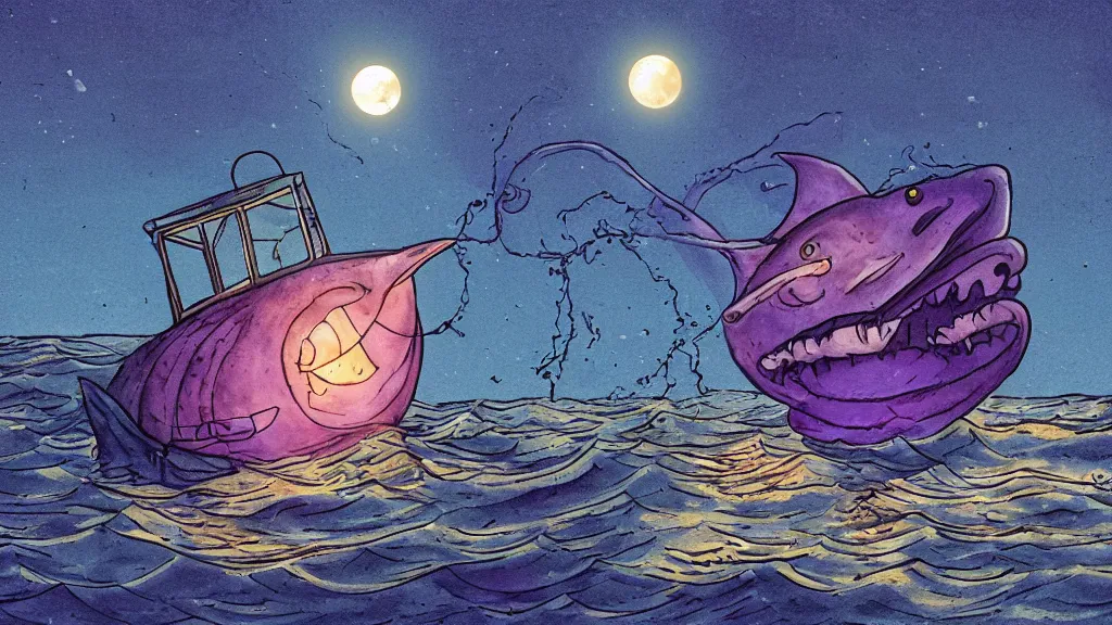 Prompt: a giant anglerfish at the surface of the water meets a sailor with a lantern on a sloop, background with large full moon and purple sky, intricate, accurate details