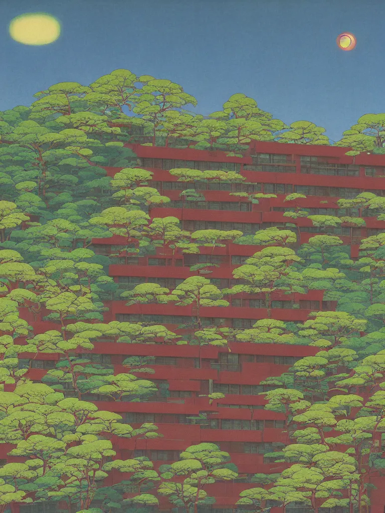 Prompt: a psychedelic hallucination of a brutalist hotel in the springtime blossom mountains, by kawase hasui, moebius, edward hopper, colorful flat surreal design, dramatic lighting, hd, 8 k, artstation