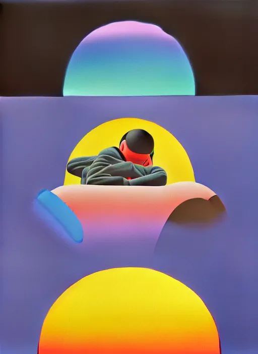 Prompt: person sleeping by shusei nagaoka, kaws, david rudnick, airbrush on canvas, pastell colours, cell shaded, 8 k