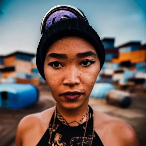 Prompt: photographic portrait of a streetwear woman with watery eyes, a futuristic shanty town burns in the background, closeup, sigma 85mm f/1.4, 4k, depth of field, high resolution, 4k, 8k, hd, full color