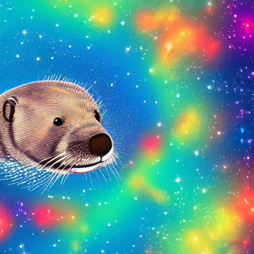 Prompt: digital illustration of a fat otter swimming through outer space, with colorful nebulae