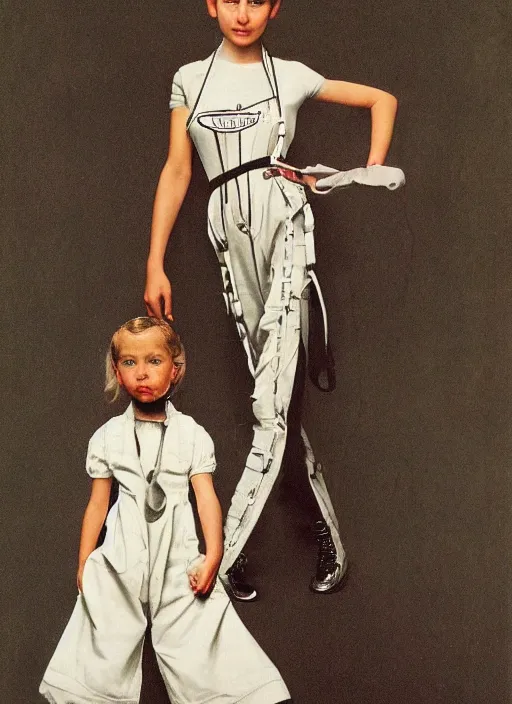 Prompt: an early 0 0's portrait by norman rockwell of a beautiful girl detailed features wearing a cargo wedding dress synthetic materials, jumpsuits lots of zippers chic'techno fashion trend by balenciaga and adidas